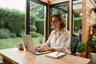 Femme en télétravail dans un bureau de jardin Greenkub en bois avec grandes baies vitrées donnant sur un jardin verdoyant