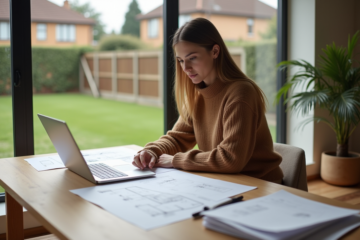 Jeune femme examine documents de zonage à la maison