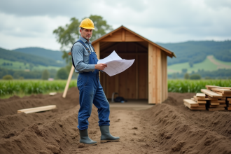 Fermeur en bleu devant une cabane en construction dans un champ