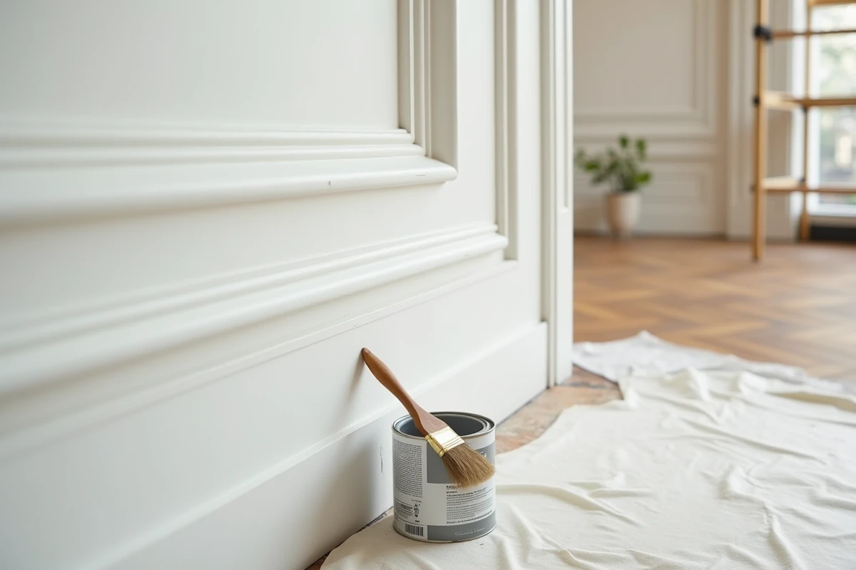 Détail de finition peinture blanche sur corniche de plafond dans un appartement haussmannien avec pinceau et pot de peinture