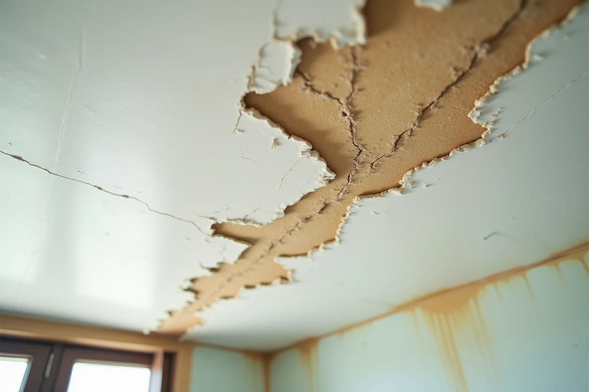 Fissure diagonale sur plafond avec auréoles de dégât des eaux et peinture écaillée en gros plan
