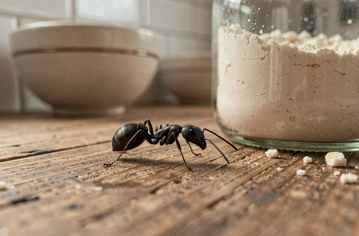 Fourmi noire en gros plan sur un plan de travail en bois dans une cuisine avec des aliments stockés en bocaux en verre