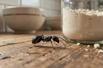 Fourmi noire en gros plan sur un plan de travail en bois dans une cuisine avec des aliments stockés en bocaux en verre