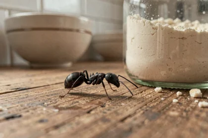 Fourmi noire en gros plan sur un plan de travail en bois dans une cuisine avec des aliments stockés en bocaux en verre
