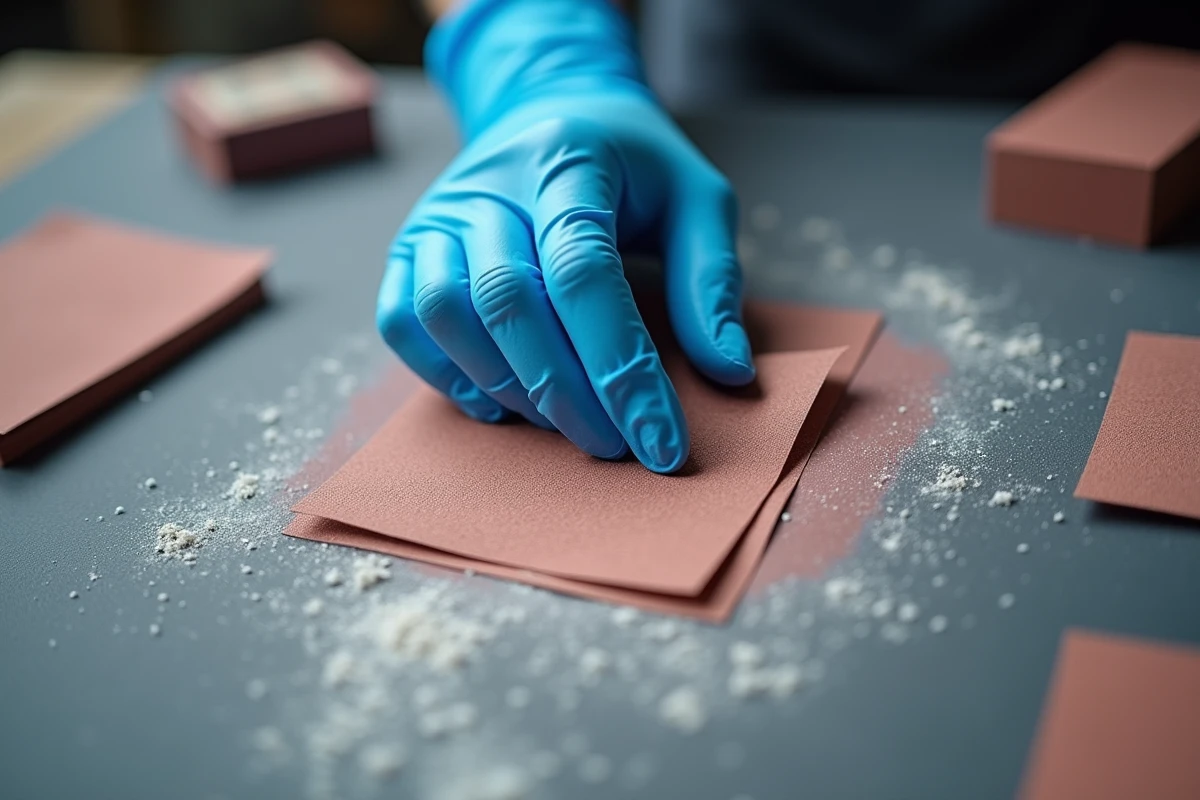 Gros plan sur différents grains de papier abrasif pour poncer un enduit de finition sans rayures