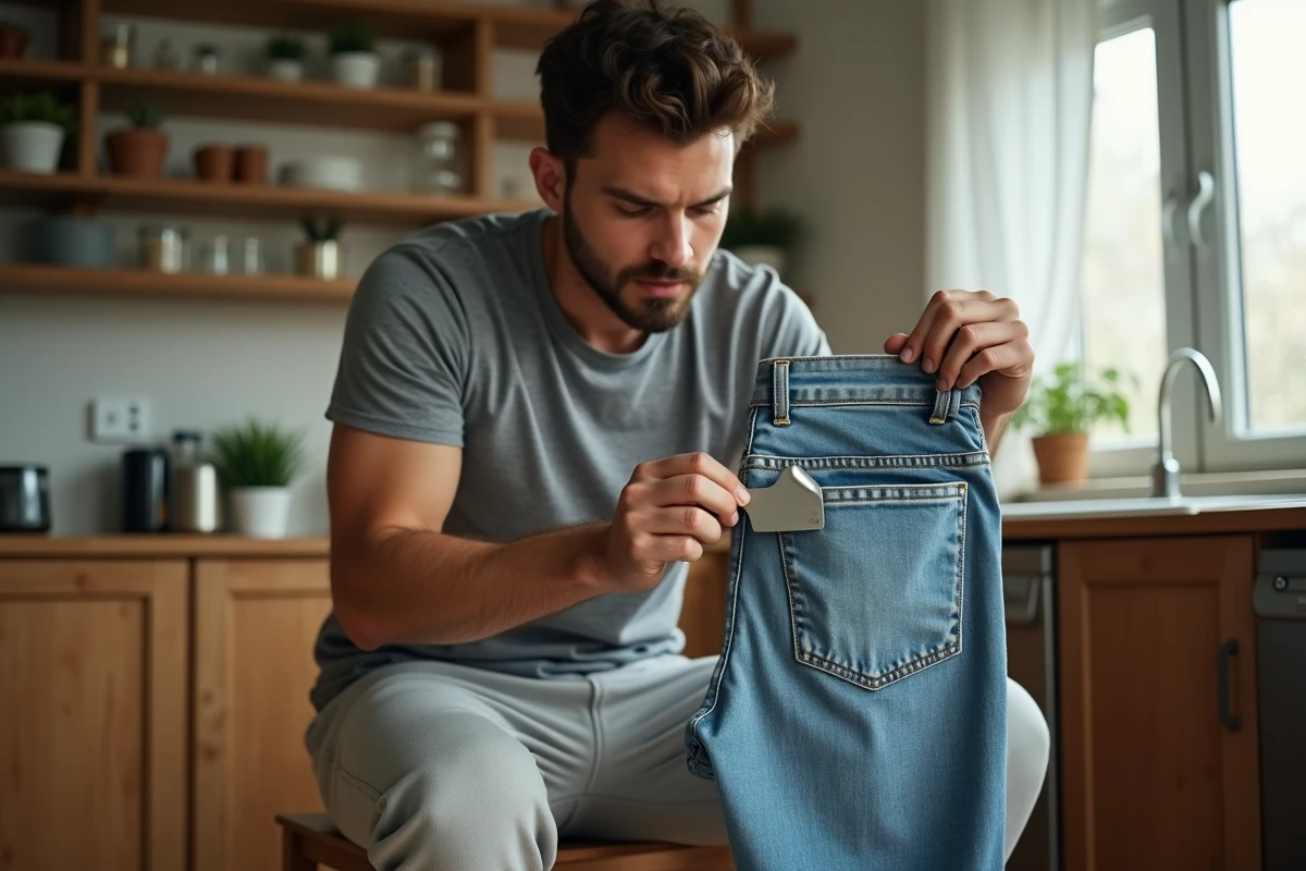 Homme grattant du chewing gum séché sur la couture d'un jean clair avec un couteau à beurre dans une cuisine en bois