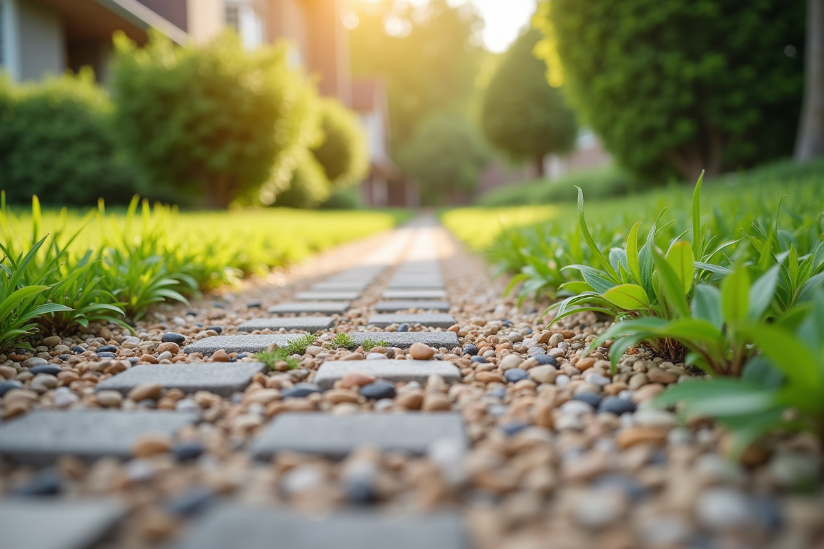 Gros plan sur du gravier en chemin résidentiel avec petites plantes