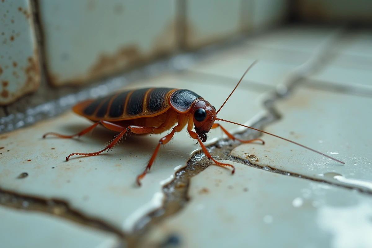 Gros plan hyperréaliste d'un cafard sur un joint de carrelage fissuré près d'un évier, illustrant une infestation résistante