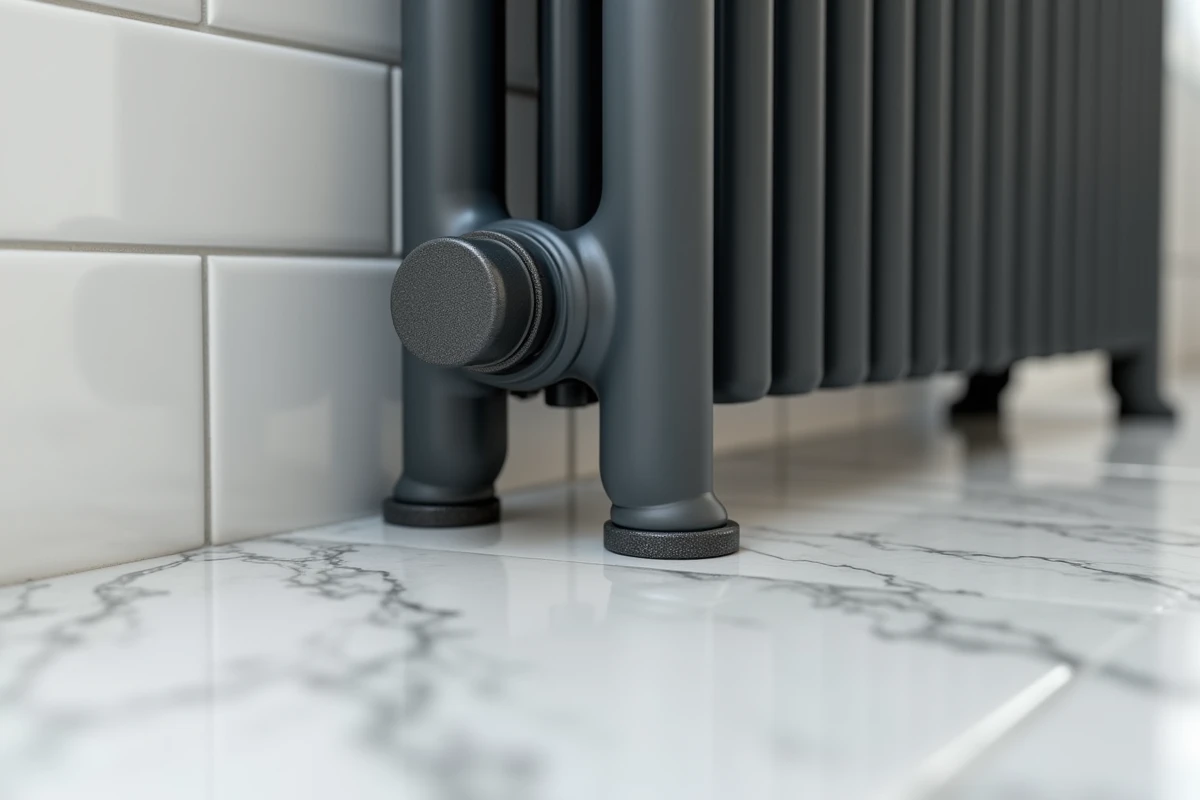 Gros plan sur pied réglable de radiateur fonte anthracite posé sur carrelage marbre gris dans une salle de bain rénovée