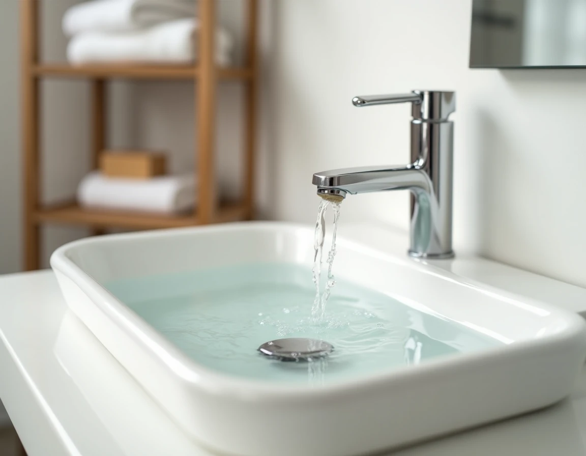 Gros plan sur le robinet d'un réservoir lave-main WC avec écoulement d'eau et savon posé sur une étagère en bois