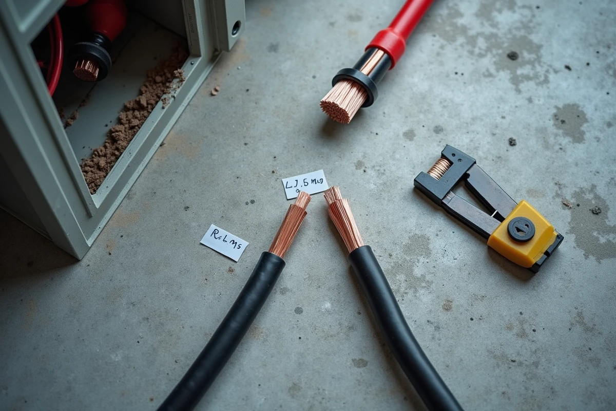 Gros plan en vue de dessus sur les sections de câbles électriques 1,5 mm² et 2,5 mm² avec étiquettes explicatives