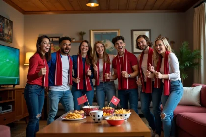 Groupe d'amis regardant un match de football ensemble