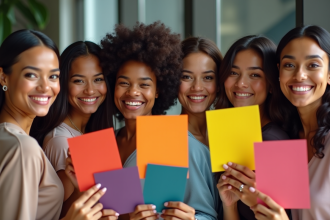 Groupe de personnes avec des échantillons de couleurs près du visage