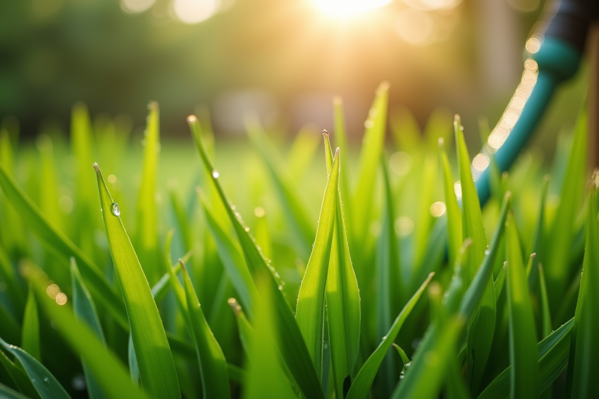 Gros plan d'herbe verte avec rosée en jardin ensoleillé