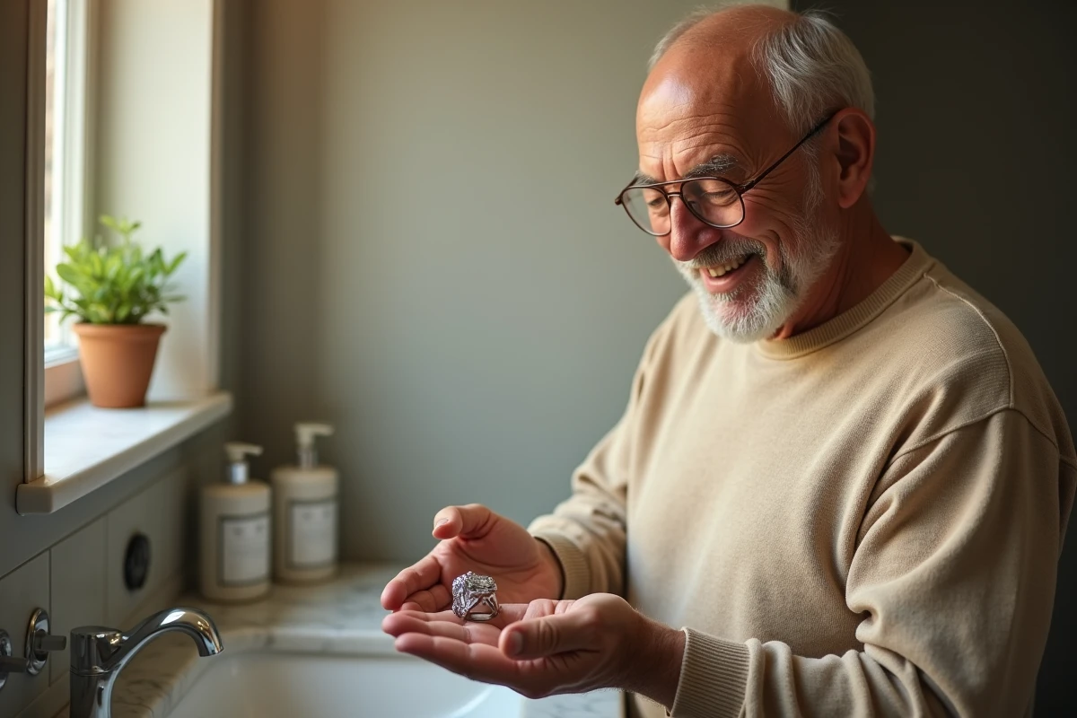 Homme inspectant un anneau en argent brillant