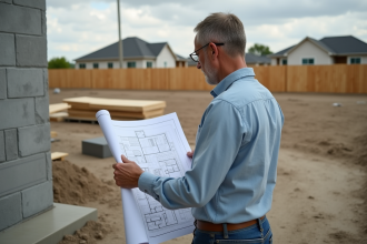 Homme d'âge moyen étudie plans de construction en extérieur