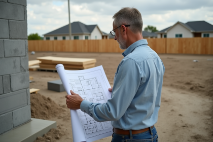 Homme d'&acirc;ge moyen &eacute;tudie plans de construction en ext&eacute;rieur