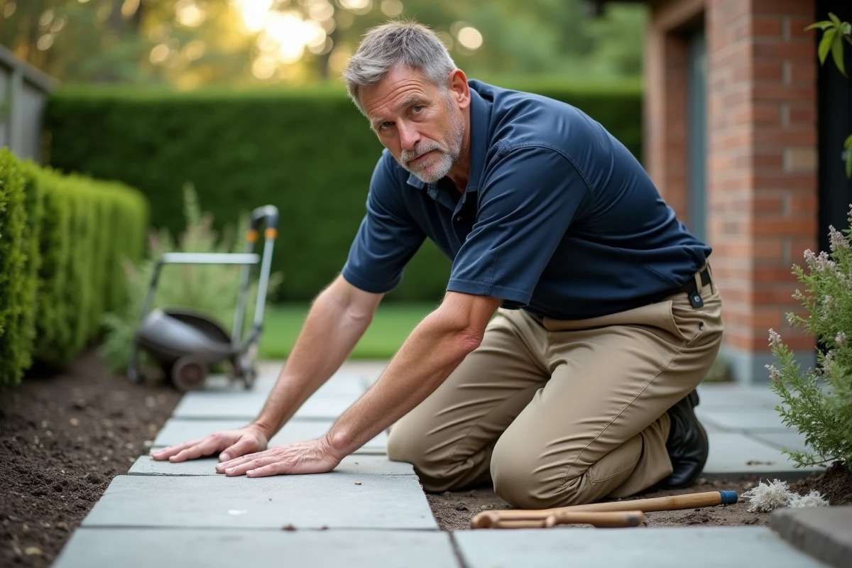 Homme posant des carreaux de pierre dans un jardin extérieur