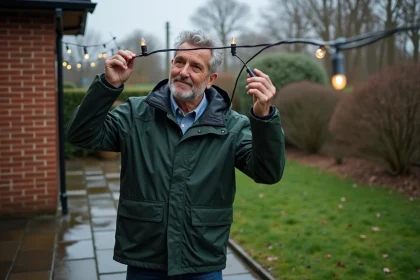 Homme v&eacute;rifiant un c&acirc;ble d'&eacute;clairage de No&euml;l dans le jardin