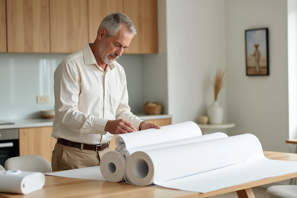 Homme regardant des rouleaux de papier peint blanc dans une cuisine lumineuse