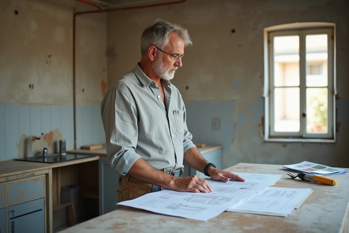 Homme consultant un guide de rénovation dans une cuisine en cours de travaux