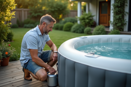 Homme d'&acirc;ge moyen gonflant un spa gonflable dans le jardin