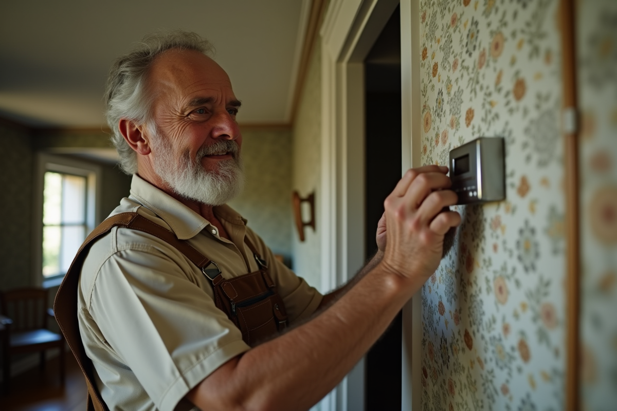 Homme en overalls installant un thermostat dans un salon ancien