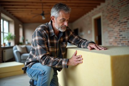 Homme examine panneaux d'isolation en laine minérale dans un salon moderne