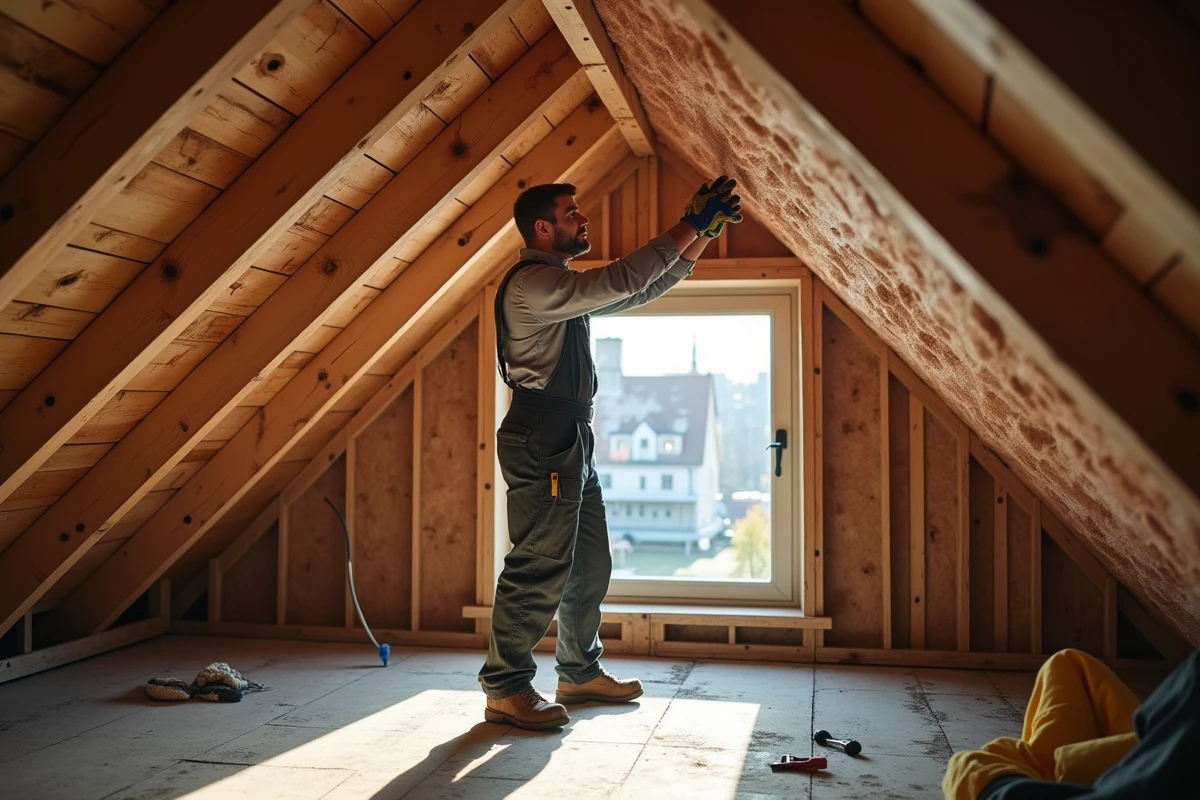 Homme en overalls inspectant l'isolation TRISO Noir dans un grenier