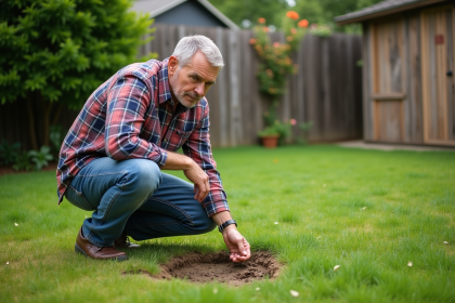 Homme d'âge moyen examinant une pelouse trouée dans son jardin