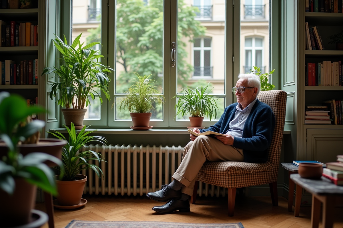 Homme âgé lisant entouré de plantes dans un coin cosy