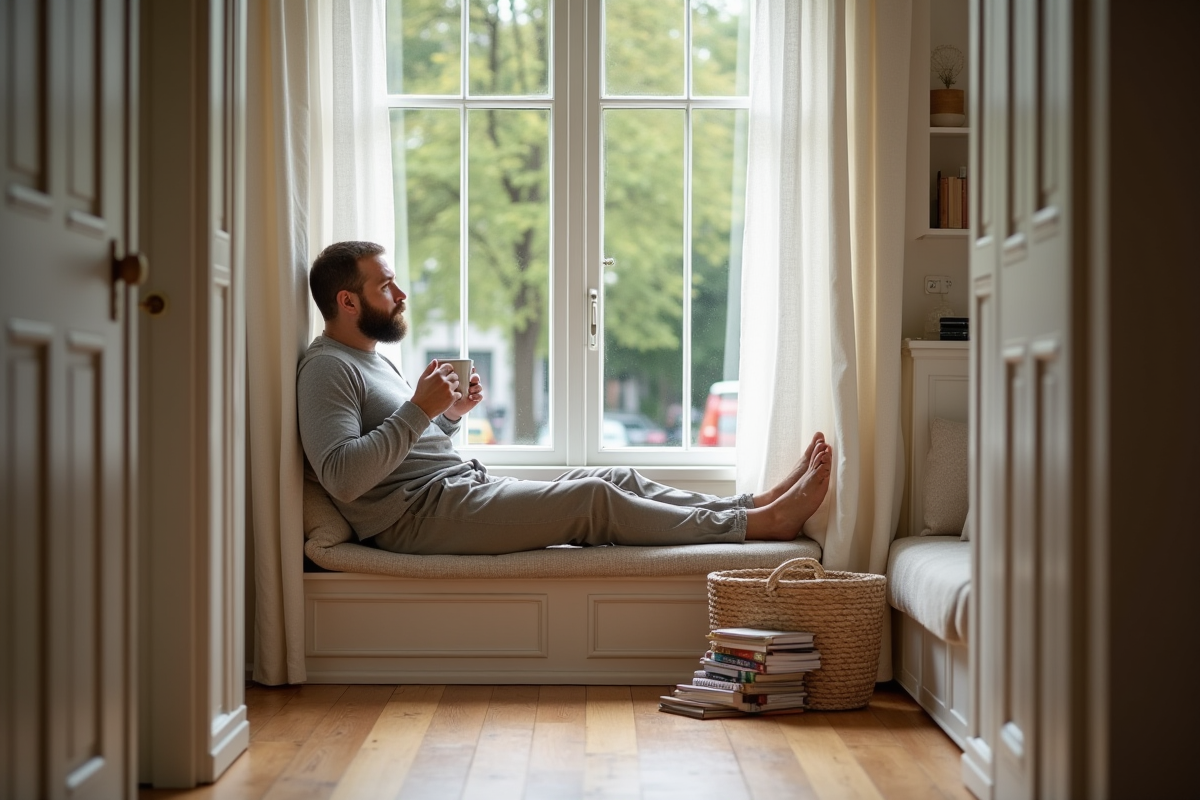 Homme en homewear regardant par la fenêtre dans un intérieur scandi