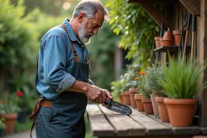 Homme en vêtements de jardinage nettoie un outil en métal
