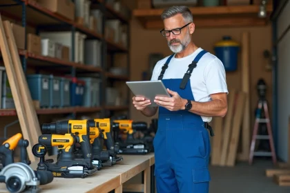 Homme en overalls bleus vérifiant instructions avec tablette dans un garage