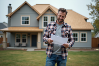 Homme vérifiant permis de construire devant maison