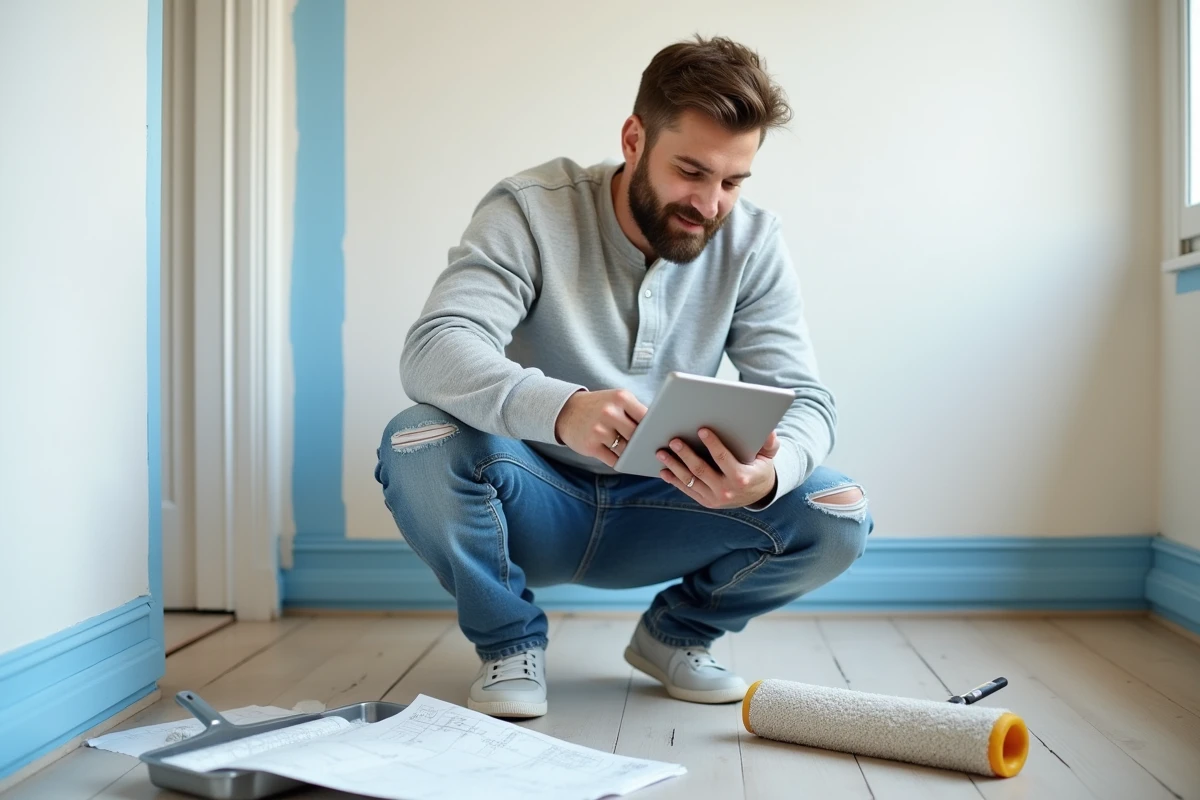 Homme consultant des plans de rénovation sur une tablette dans un salon en cours de peinture