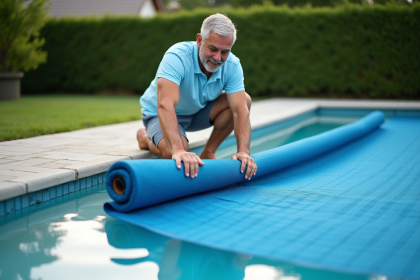 Homme d'&acirc;ge moyen d&eacute;ployant une couverture de piscine bleue