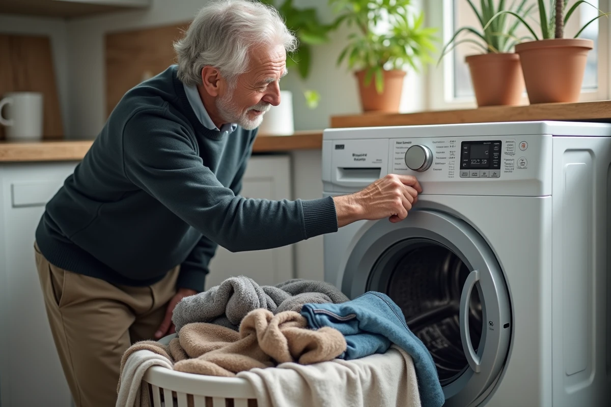 Homme âgé pointe les logos de cycle de lavage sur la machine