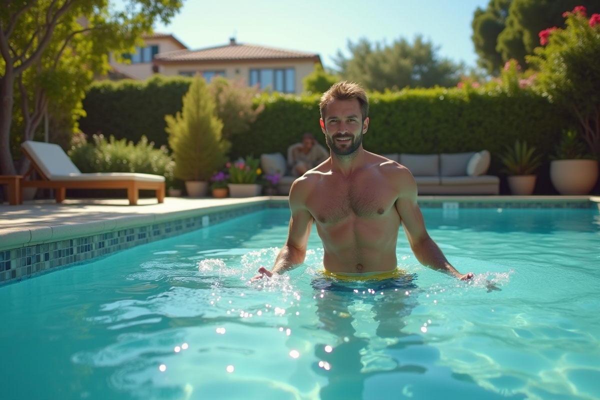 Homme en tenue d'été testant la qualité de l'eau dans une piscine extérieure