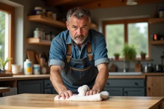 Homme d'âge moyen nettoyant un plancher en bois dans un atelier lumineux