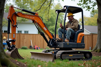 Homme d'âge moyen dans un miniexcavator en jardin