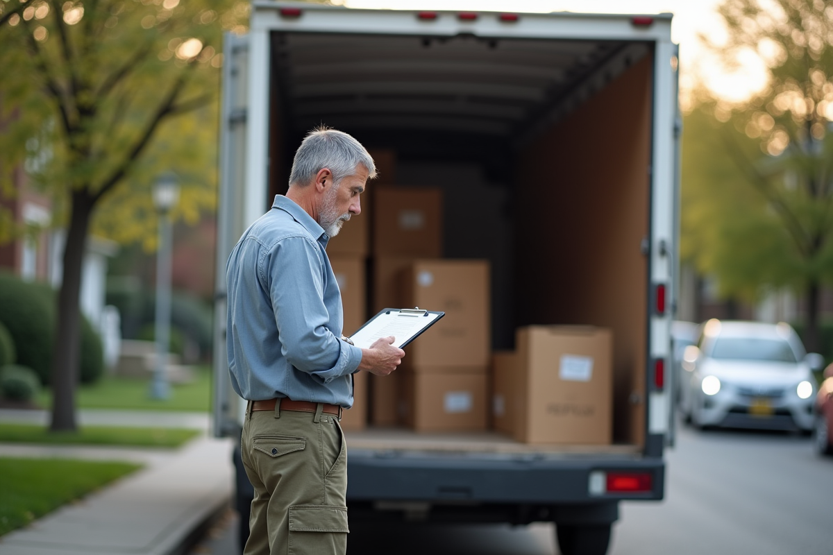 Homme vérifiant une liste de déménagement dans un camion