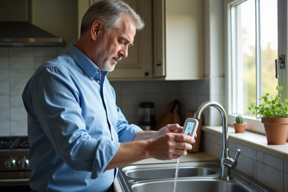 Homme vérifiant la température de l'eau dans l'évier moderne