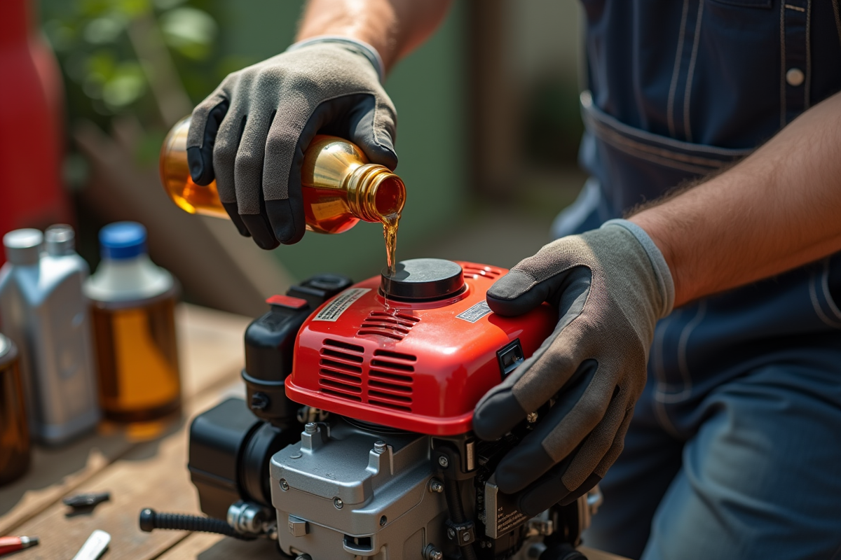 Main gantée versant de l'huile dans un moteur de tondeuse