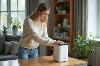 Femme posant un dehumidificateur dans un salon moderne