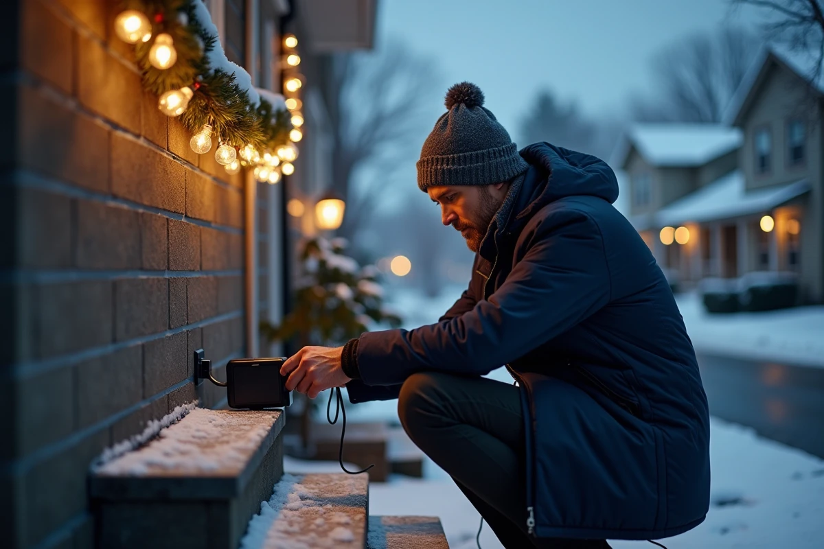 Homme branchant une minuterie pour guirlandes solaires extérieures sur le pas de sa maison décorée pour Noël de façon économique