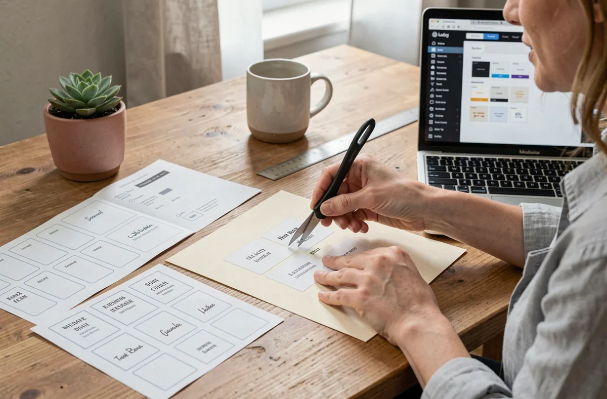 Femme découpant une étiquette imprimée pour boite aux lettres sur un bureau en bois avec plusieurs modèles personnalisables