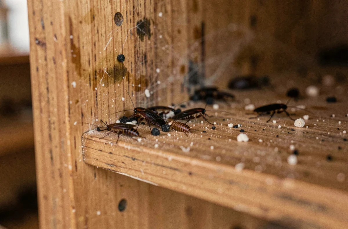 Intérieur d'un placard de cuisine infesté de petits insectes noirs avec des traces de nuisibles sur une étagère en bois