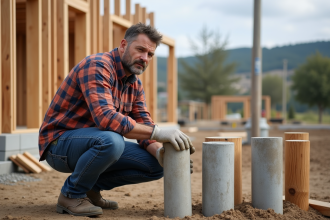Ingénieur examinant des piliers en bois et béton sur un site de construction