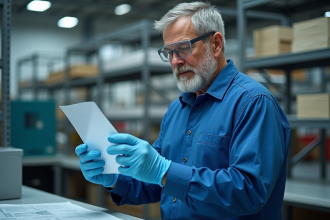 Ingénieur en sécurité examinant un échantillon de polycarbonate